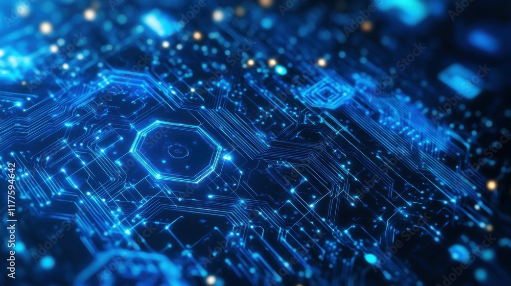 Poster an abstract blue computer technology background has hexagon circuit boards and circles in technology