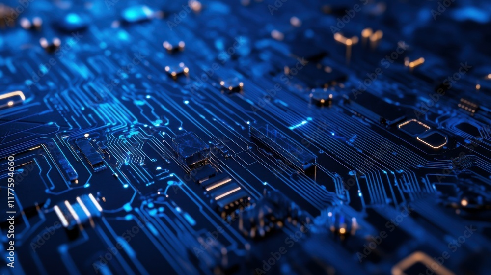 Poster an abstract blue computer technology background has hexagon circuit boards and circles in technology