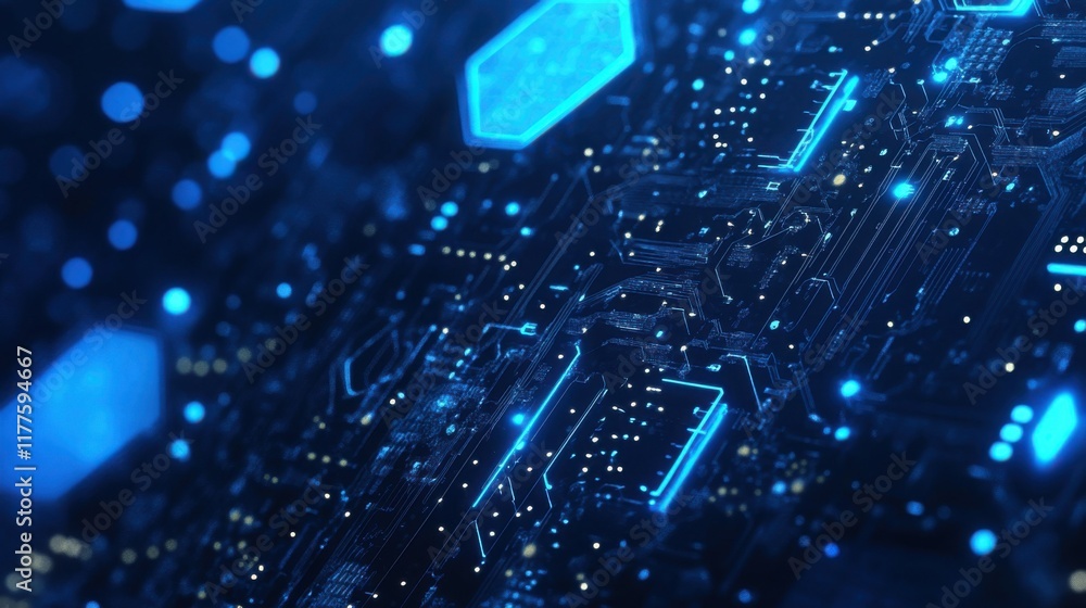 Poster an abstract blue computer technology background has hexagon circuit boards and circles in technology