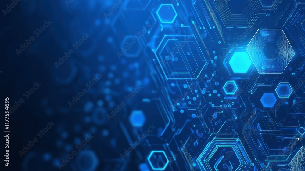 Poster an abstract blue computer technology background has hexagon circuit boards and circles in technology