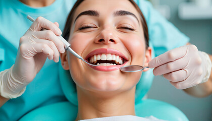 Smiling woman at dental check-up with professional dentist, dental care, dentist day