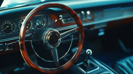 A vintage car interior reveals a polished wooden steering wheel and a gear shift. The dashboard boasts elegant gauges. This setting highlights classic automotive design and nostalgia