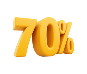 Super sale 70 percent sign transparent image. Numbers yellow clearance isolated cutout 3d render. Cashback. Interest rate. Mathematical symbol cut out clipart design element png