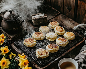 A close-up of traditional Welsh cakes being prepared on a griddle for St. David's Day, surrounded by rustic kitchen elements, daffodils, and a steaming pot of tea.