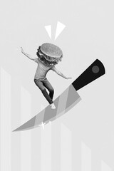 Composite collage artwork of young headless creative hungry guy walk danger knife blade fresh...