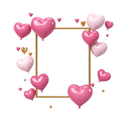 Cluster of pink heart balloons surrounding gold frame image isolated transparent. Romantic event, party decoration cut out photo png. Festive love theme cutout element object photography