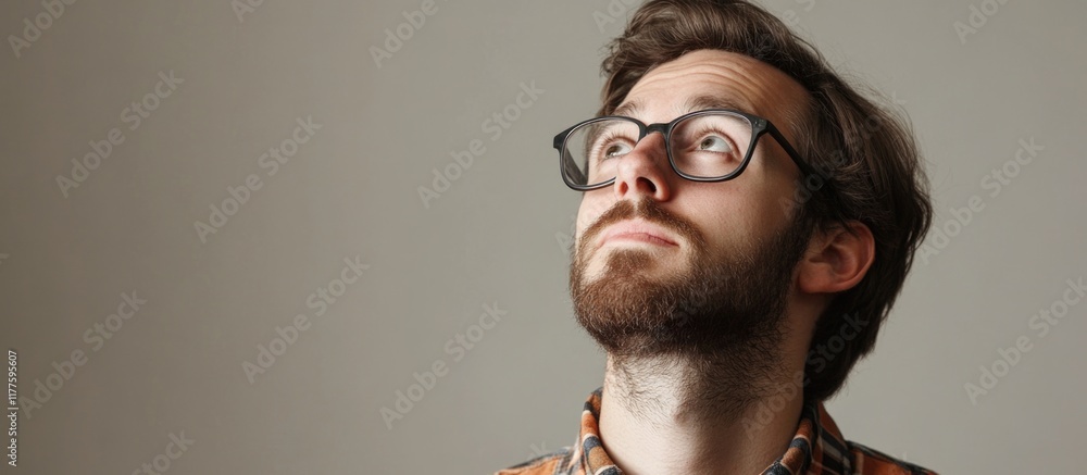 Poster mid adult man with glasses and beard looking upwards against a neutral gray background with ample em