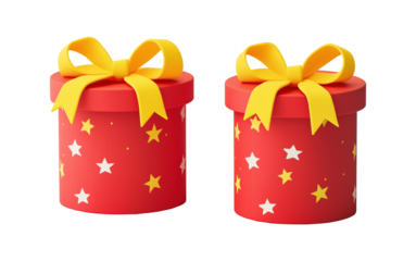 Two cylindrical red presents with bright yellow bows image set isolated transparent. Starry pattern gift boxes cut outs photo png collection. Christmas giftboxes cutouts elements objects