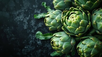 Fototapeta premium Artichoke closeup. Fresh raw organic green artichokes isolated on a black background. Vegetarian food. Raw vegetables at a market. Vegan background.