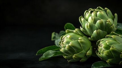 Obraz premium Artichoke closeup. Fresh raw organic green artichokes isolated on a black background. Vegetarian food. Raw vegetables at a market. Vegan background.