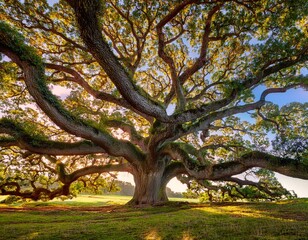 Fototapeta premium Panoramic view of the sprawling branches of the Angel Oak Tree, showcasing its majestic canopy and intricate, twisting limbs in serene nature