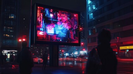 Futuristic billboard in a bustling urban setting, displaying vibrant holographic ads, high-tech aesthetics,