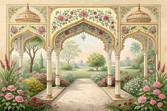 llustration of a traditional Mughal arch garden wedding invitation frame