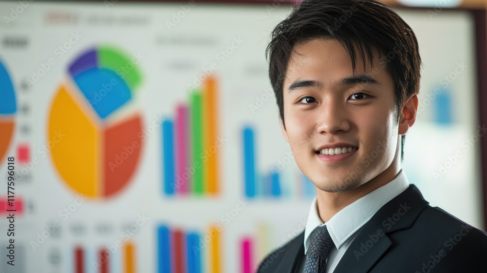 Poster young asian businessman smiling in a formal suit during a corporate meeting with colorful data chart