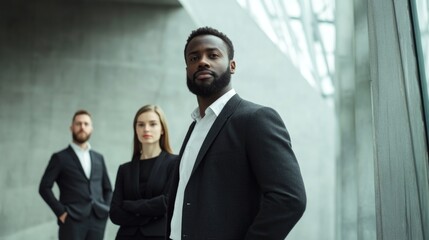 Fototapeta premium Professional team of executives in stylish black suits posing confidently in a contemporary office setting with minimalist architecture and ample copyspace.