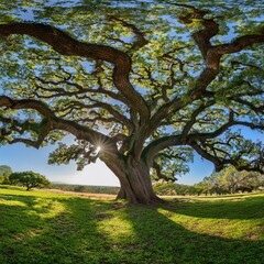 Obraz premium Panoramic view of the sprawling branches of the Angel Oak Tree, showcasing its majestic canopy and intricate, twisting limbs in serene nature