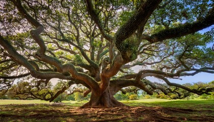 Fototapeta premium Panoramic view of the sprawling branches of the Angel Oak Tree, showcasing its majestic canopy and intricate, twisting limbs in serene nature