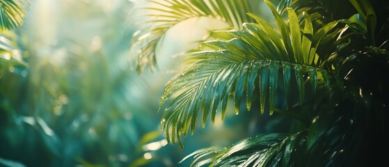 Lush tropical foliage, sunlight filtering through leaves, background blur, nature backdrop, use for travel brochure, web banner