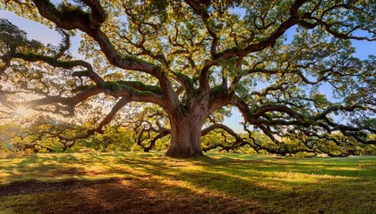 Obraz premium Panoramic view of the sprawling branches of the Angel Oak Tree, showcasing its majestic canopy and intricate, twisting limbs in serene nature