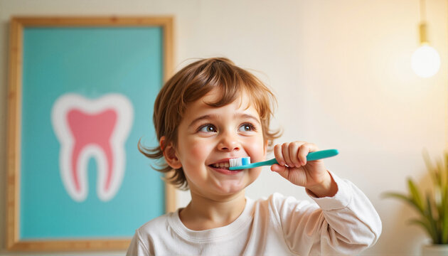 Smiling child brushing teeth in dental clinic, dental care, dentist day