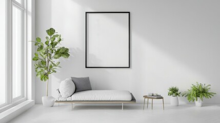 Blank picture frame mockup on white wall. White living room design. View of modern scandinavian style interior with artwork mock up on wall. Home staging and minimalism concept