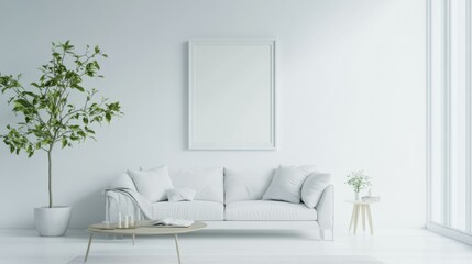 Blank picture frame mockup on white wall. White living room design. View of modern scandinavian style interior with artwork mock up on wall. Home staging and minimalism concept