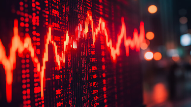 Red Hot Stock Market: A close-up of a stock market ticker, with a red line tracing the fluctuations of the market, capturing the intensity and volatility of the financial world.