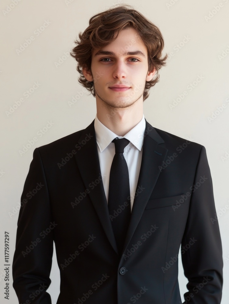 Poster handsome young man in black suit and tie with curly hair against plain beige background with ample e
