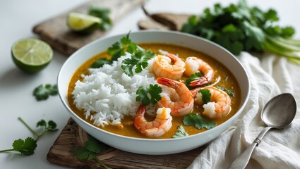 Shrimp Curry with Rice in a Bowl Surrounded by Fresh Ingredients.