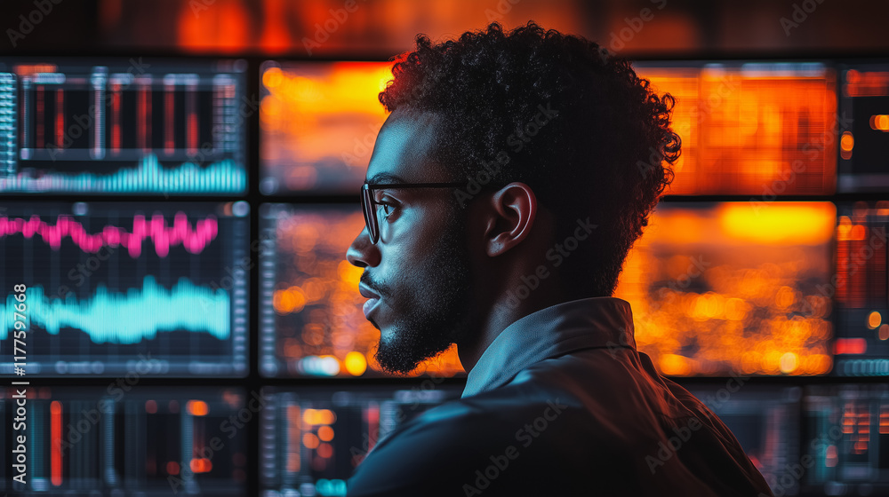 Poster data driven decision: a man in glasses sits in front of a wall of monitors displaying data, capturin