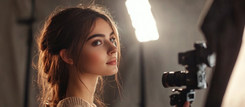 Professional makeup artist applying makeup to young beautiful woman with soft natural light in studio setting featuring large empty copyspace for text