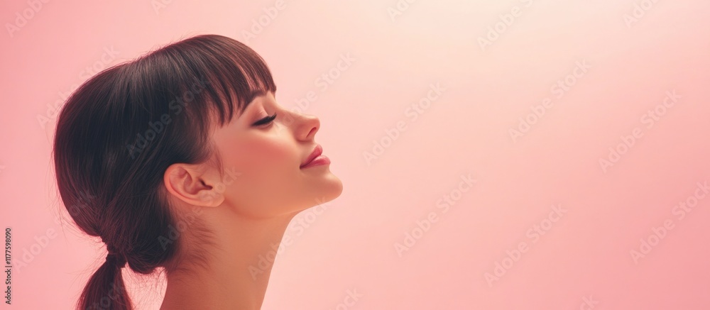 Poster profile side view portrait of a serene young woman with smooth skin and soft features against a blus