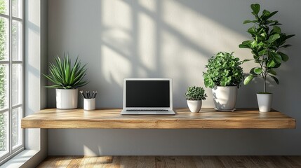 A minimalist setup with a laptop situated against a backdrop of lush plants