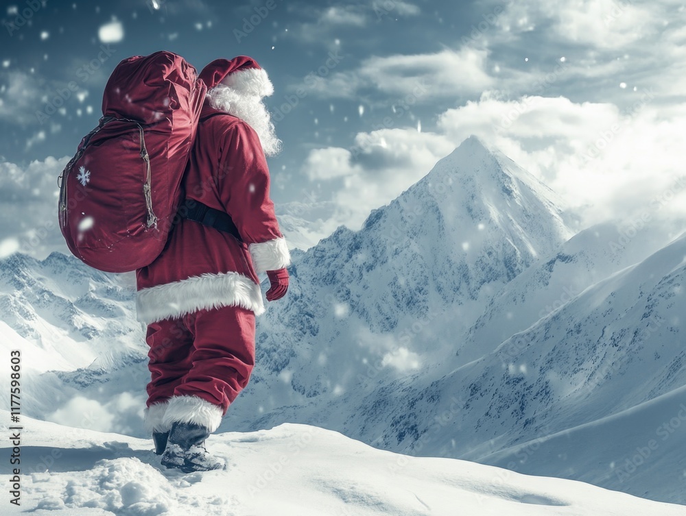 Poster santa claus in red attire with large sack overlooking snowy mountain landscape under a cloudy sky wi