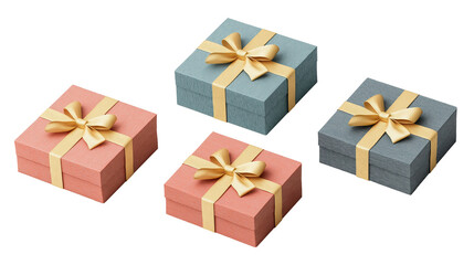 Rectangular gift boxes tied with yellow ribbons image set isolated transparent. Anniversary presents cut outs photo png collection. Holiday decor giftboxes cutouts elements objects