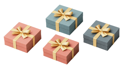 Rectangular gift boxes tied with yellow ribbons image set isolated transparent. Anniversary presents cut outs photo png collection. Holiday decor giftboxes cutouts elements objects