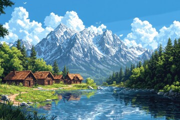 Fototapeta premium Serene Pixel Art Village Classic Game Environment with Mountain Backdrop