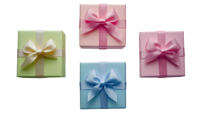 Pastel gift boxes with satin bows image set isolated transparent. Wedding, birthday, baby shower presents cut outs photo png collection. Celebration giftboxes cutouts elements objects