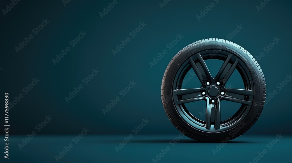 Poster black automotive tire positioned on a minimalist teal backdrop, emphasizing a modern and clean desig