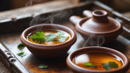 Tandoori tea in clay pots garnished with coriander served hot close up on a rustic tray.