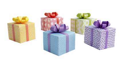 Colorful gift boxes with patterned wrapping image isolated transparent. Festive giftboxes cut out photo png. Party, birthday, cheerful celebration cutout element object photography