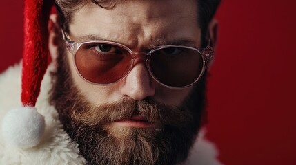 Stylish Santa Claus Man with White Fur Coat and Red Hat against Bold Red Background Featuring Generous Copy Space for Holiday Text