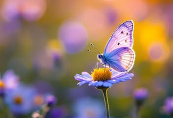 Naklejka premium Delicate Butterfly Perched on Wildflower with Soft Background Lighting