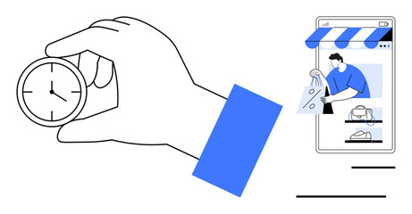 Hand holding clock and person making purchase through smartphone. Ideal for themes time management, online shopping, e-commerce, productivity, digital convenience, scheduling, modern retail. Abstract