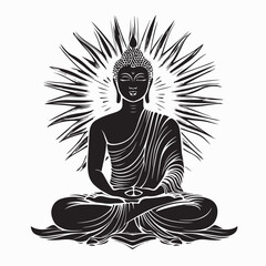 Black and white Buddha Images vector. Buddha sitting on a rock with the sun behind it.