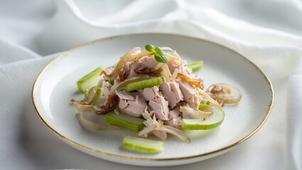 Tuna salad with celery and onions on a delicate light plate.