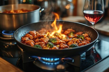 Stir-fry cooking on a stovetop with flames. Delicious meal.