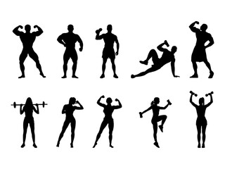 Set of Bodybuilder Silhouette in various poses isolated on white background
