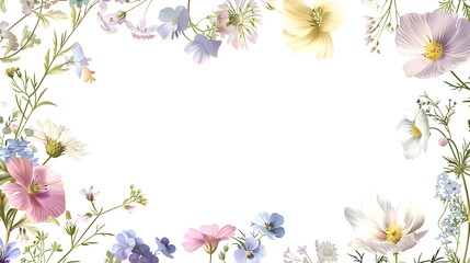 Frame of delicate meadow flowers on white background. Stylish fashionable frame. Wedding design. Mother's Day greeting card, spring sale, copyspace banner. Valentine's Day poster.
