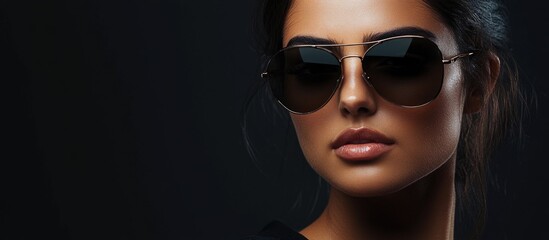 Young Hispanic woman with serious expression wearing stylish black sunglasses against dark background with large empty copyspace for text